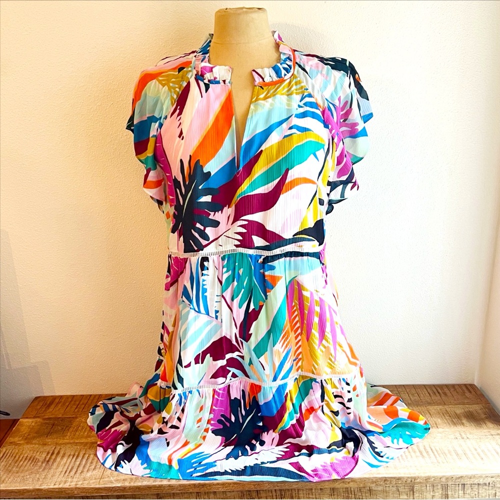 Marie Oliver Silk Frida Mini Dress Flutter Sleeve Tropical Print Multico…